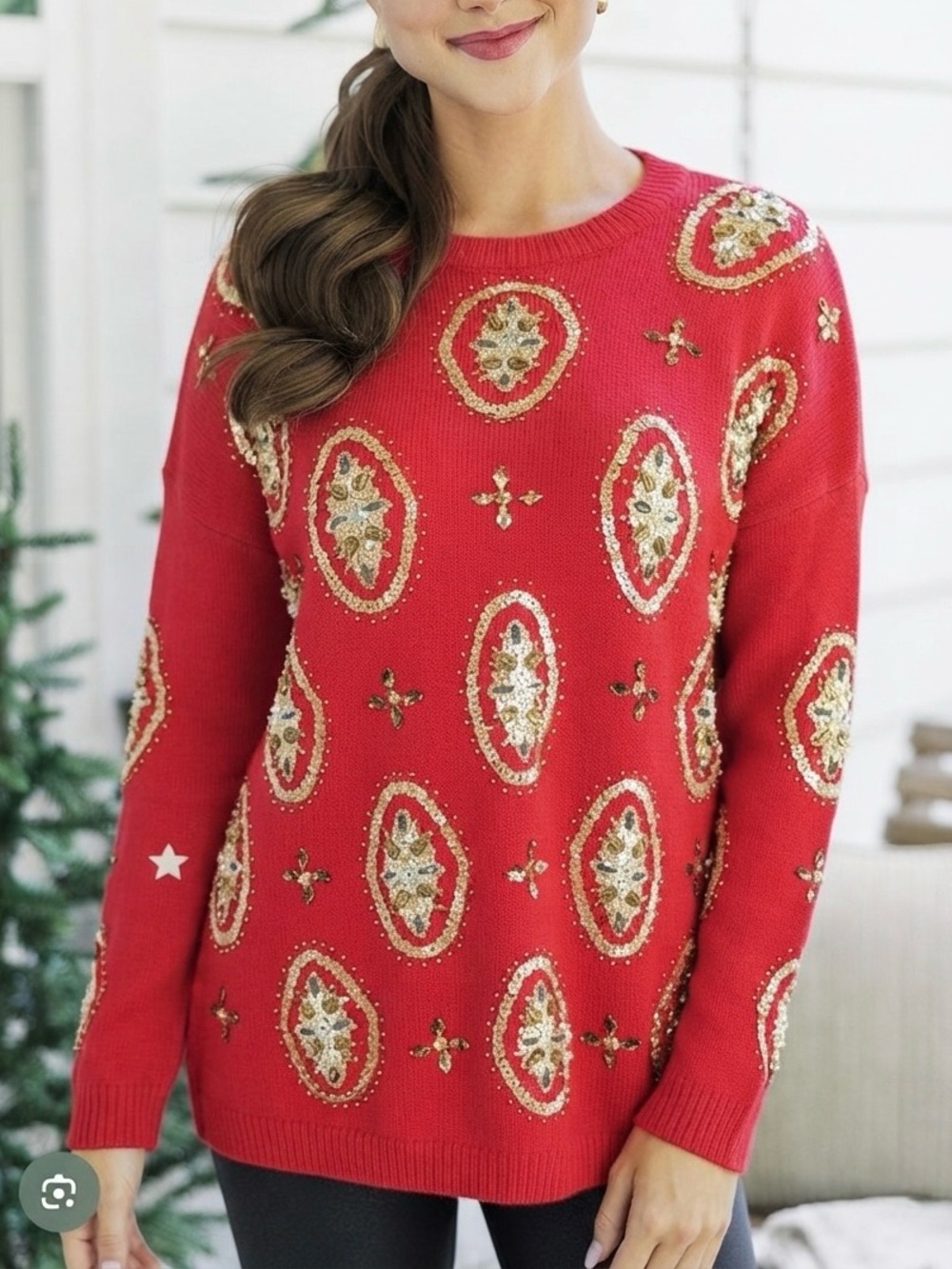 Vintage 90s Victoria Harbour NWT Red Medallion Sequin Statement Sweater